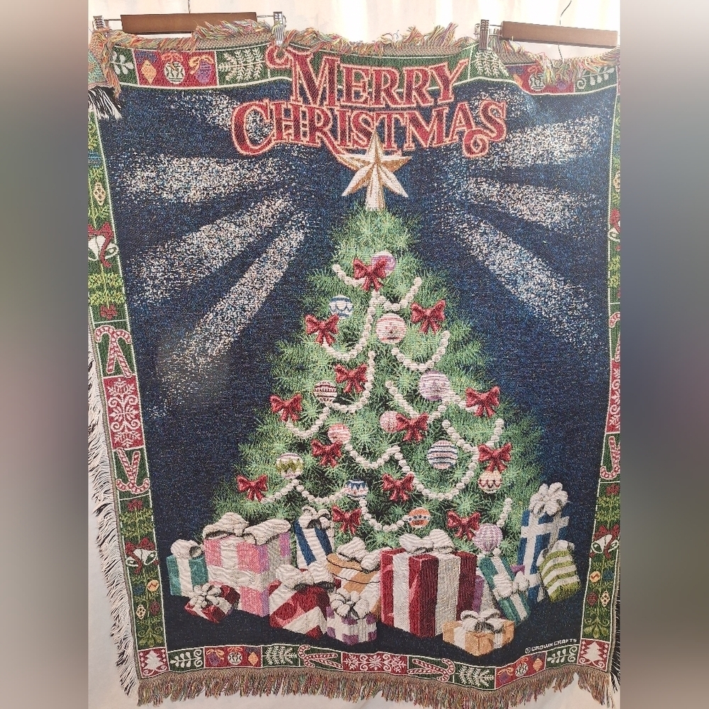 Green and Red Holiday Blanket with Festive Christmas Tree Design